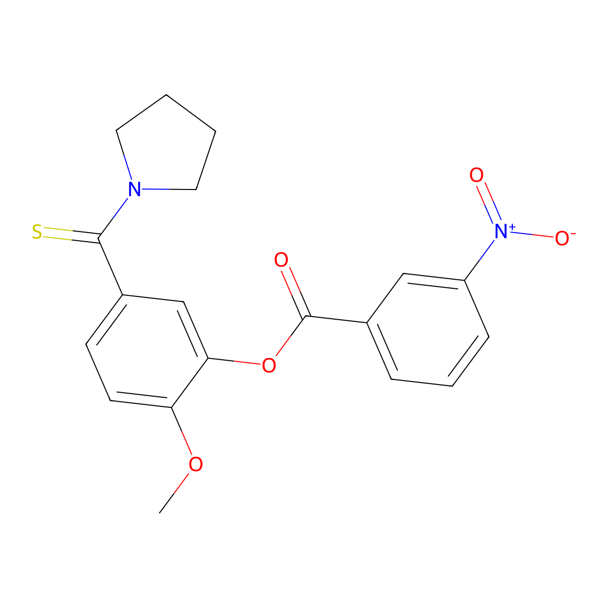 2-Methoxy-5-(pyrrolidin-1-ylcarbonothioyl)phenyl 3-nitrobenzoate molecular structure, CAS 443736-99-0