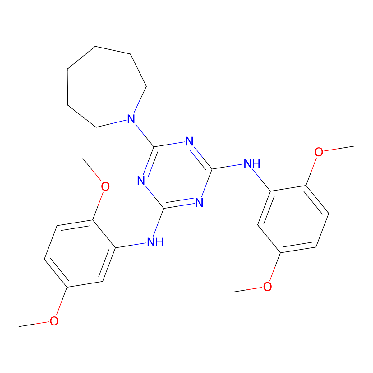 6-(azepan-1-yl)-N,N'-bis(2,5-dimethoxyphenyl)-1,3,5-triazine-2,4-diamine molecular structure, CAS 443737-07-3