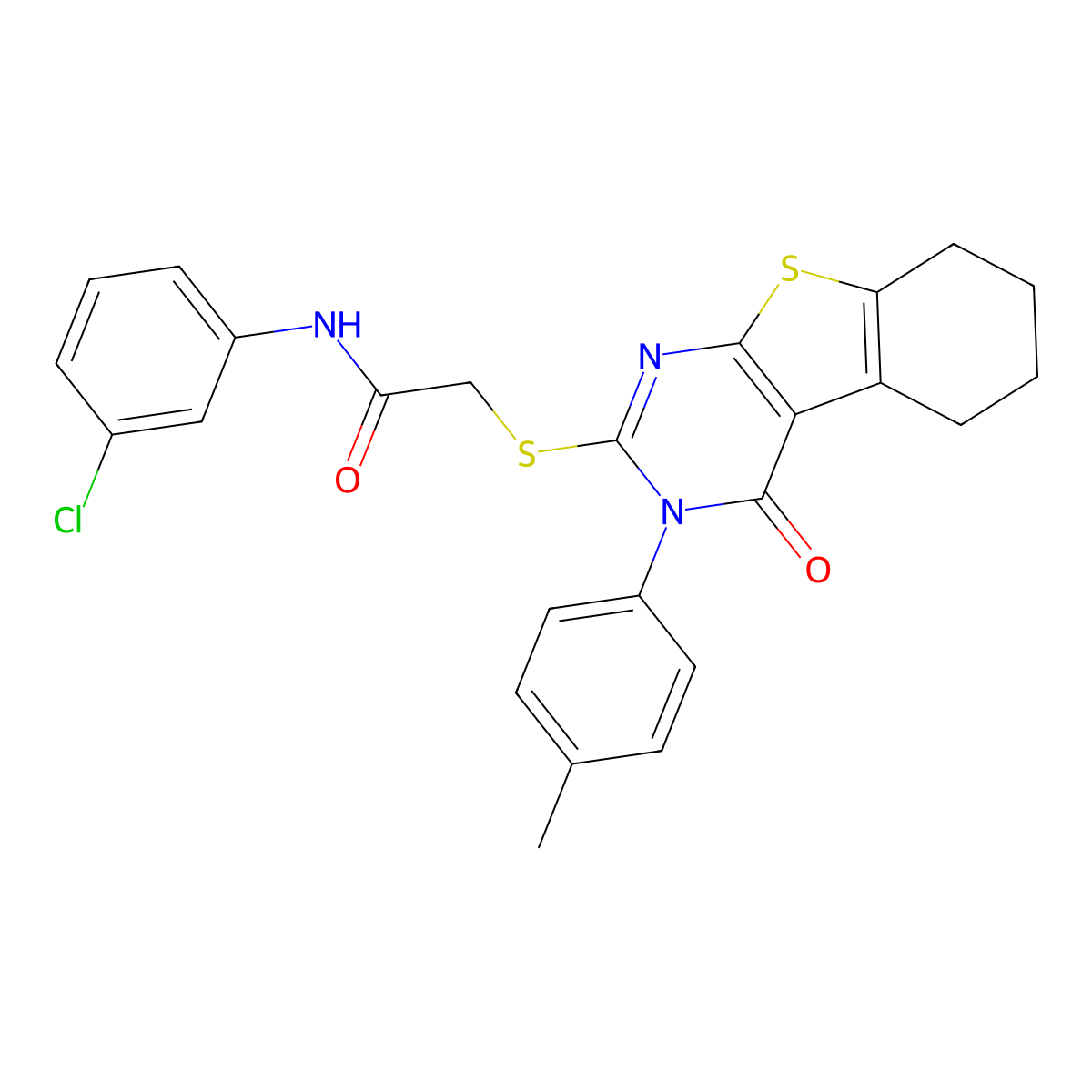 N-(3-chlorophenyl)-2-[[3-(4-methylphenyl)-4-oxo-5,6,7,8-tetrahydro-[1]benzothiolo[2,3-d]pyrimidin-2-yl]sulfanyl]acetamide molecular structure, CAS 443740-01-0