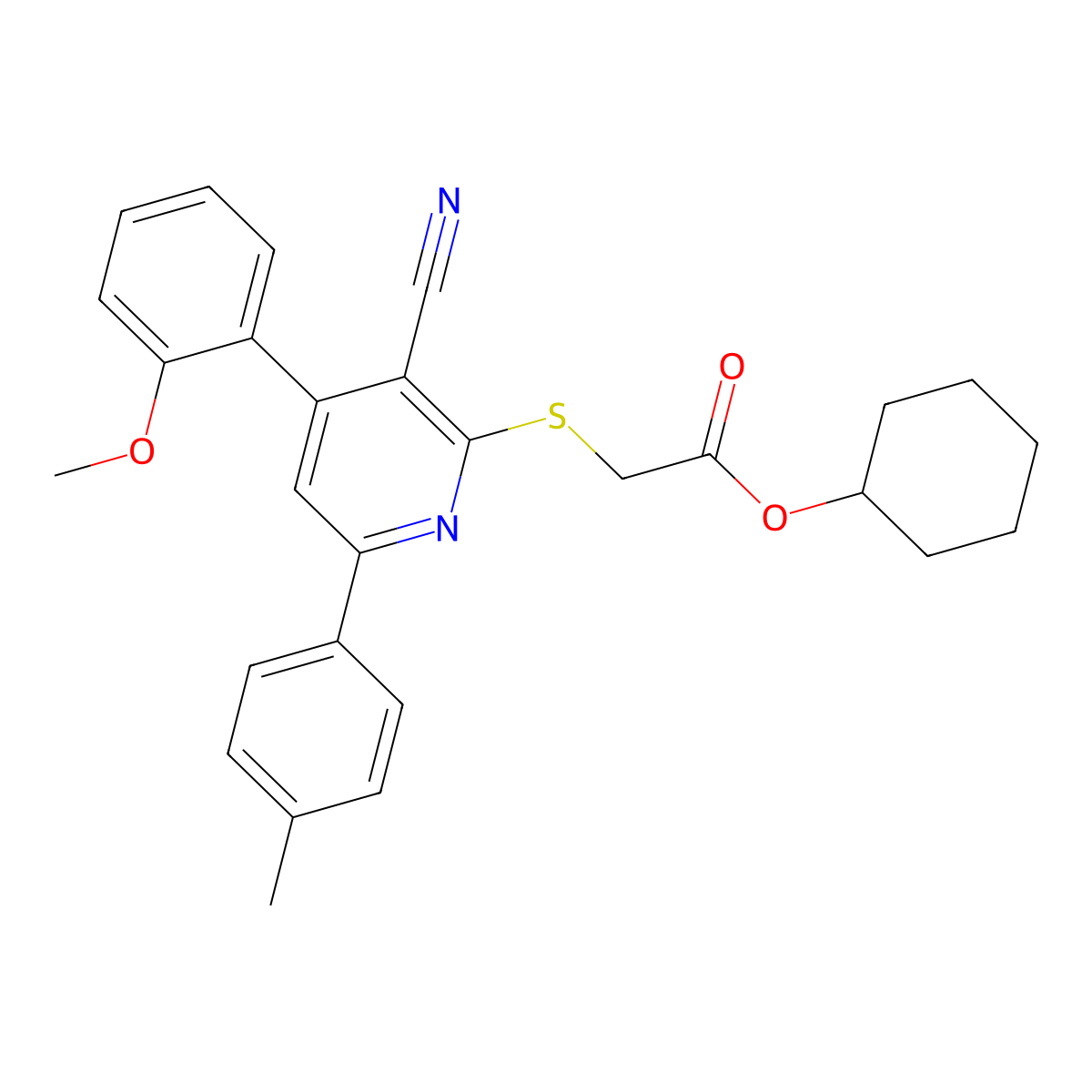 Cyclohexyl 2-((3-cyano-4-(2-methoxyphenyl)-6-(p-tolyl)pyridin-2-yl)thio)acetate molecular structure, CAS 443740-36-1