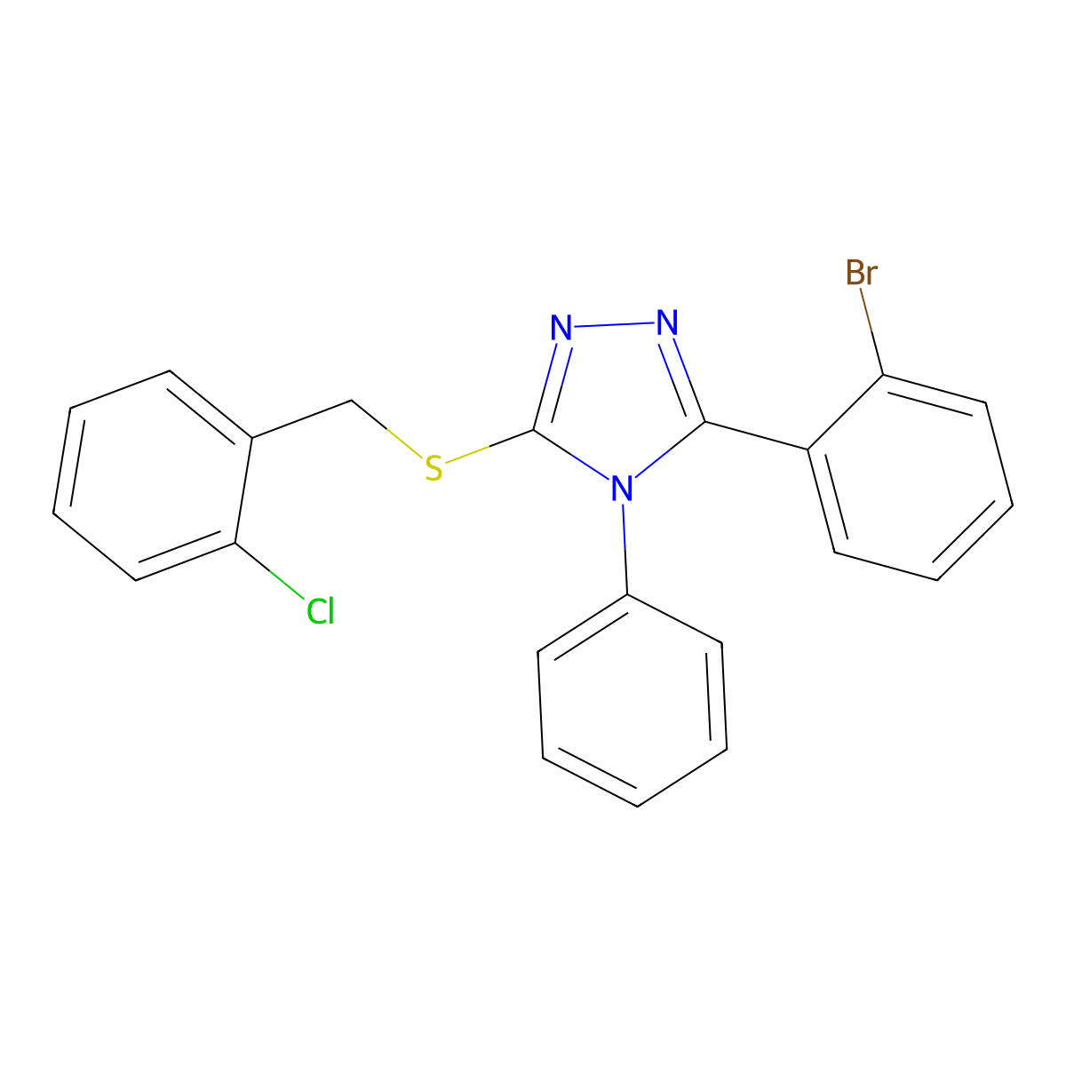 3-(2-Bromophenyl)-5-((2-chlorobenzyl)thio)-4-phenyl-4H-1,2,4-triazole molecular structure, CAS 443740-39-4
