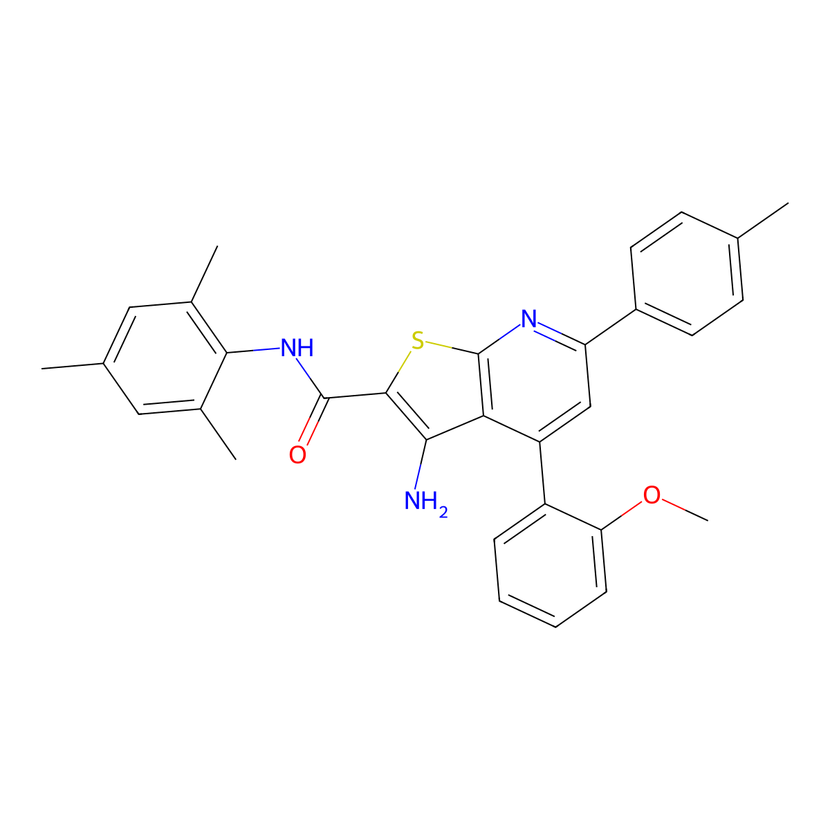 3-Amino-N-mesityl-4-(2-methoxyphenyl)-6-(p-tolyl)thieno[2,3-b]pyridine-2-carboxamide molecular structure, CAS 443740-47-4