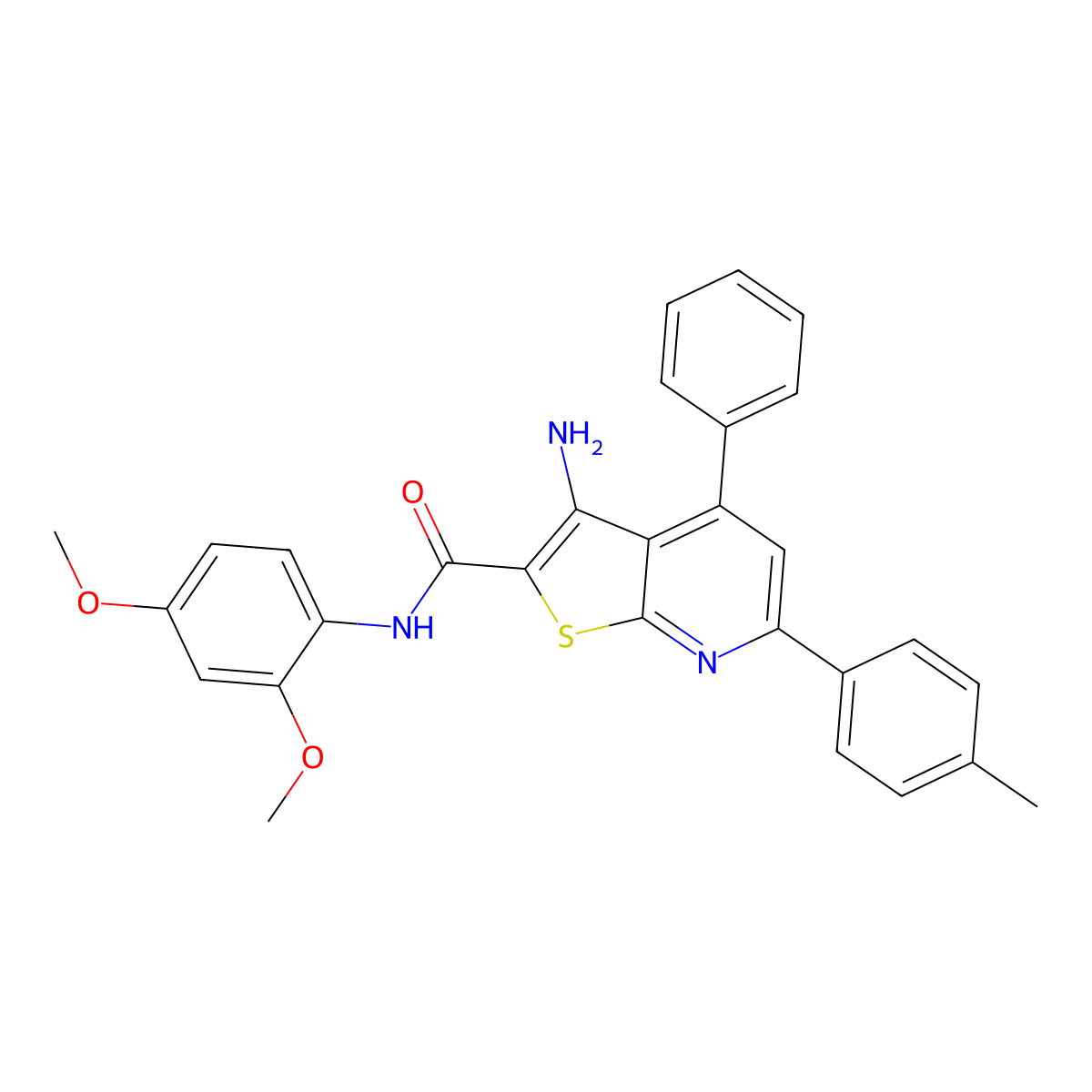 3-Amino-N-(2,4-dimethoxyphenyl)-4-phenyl-6-(p-tolyl)thieno[2,3-b]pyridine-2-carboxamide molecular structure, CAS 443740-48-5