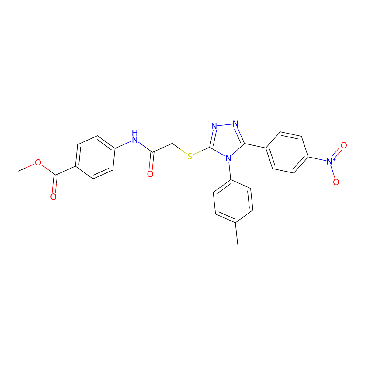 Methyl 4-(2-((5-(4-nitrophenyl)-4-(p-tolyl)-4H-1,2,4-triazol-3-yl)thio)acetamido)benzoate molecular structure, CAS 443741-80-8