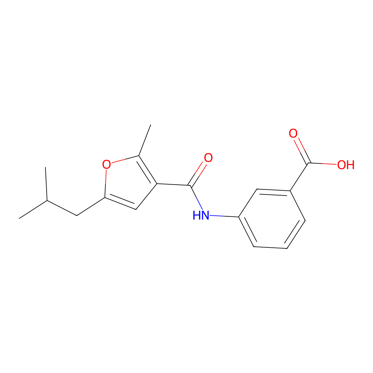 3-[[[2-Methyl-5-(2-methylpropyl)-3-furanyl]carbonyl]amino]benzoic acid molecular structure, CAS 443749-34-6
