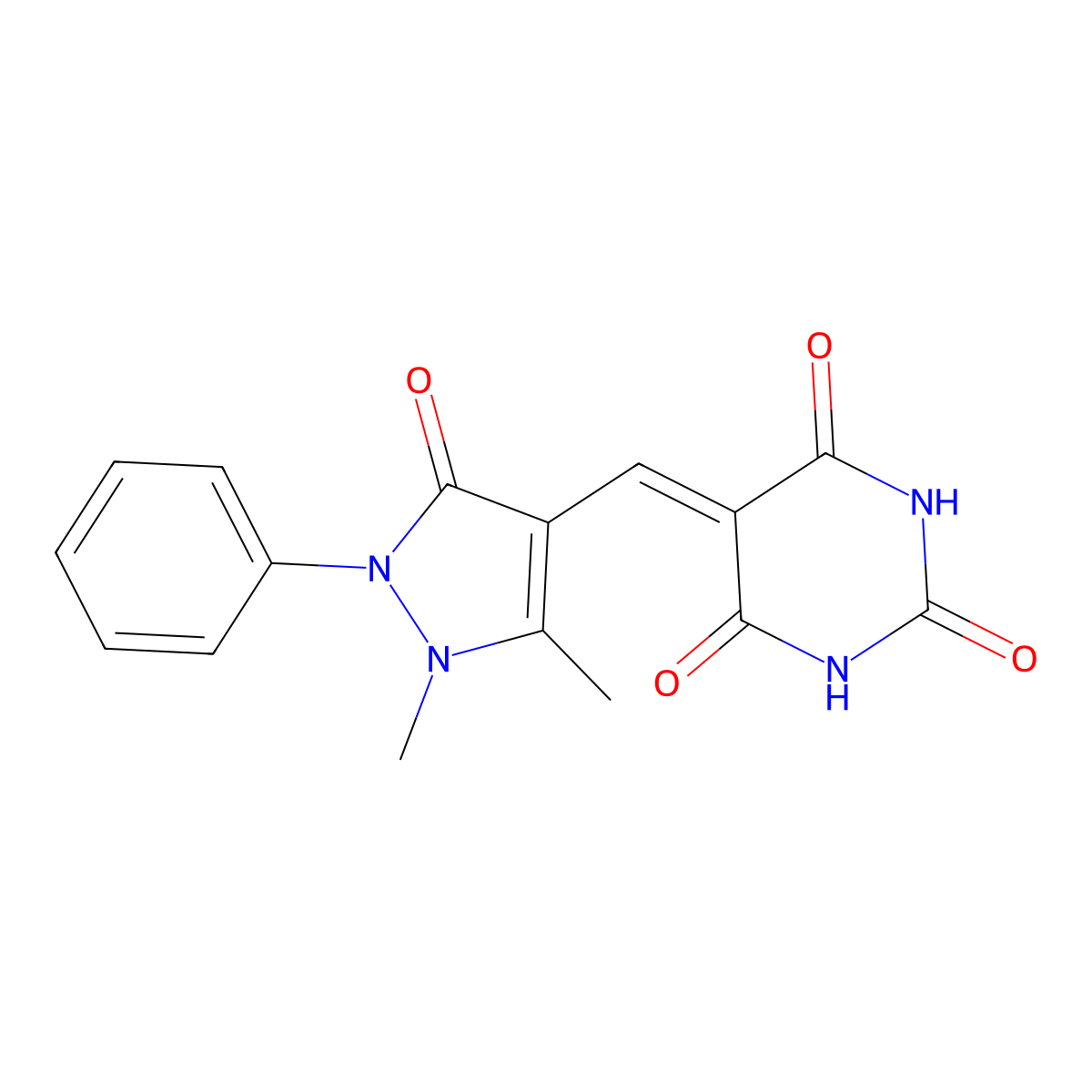 5-[(1,5-dimethyl-3-oxo-2-phenyl-2,3-dihydro-1H-pyrazol-4-yl)methylene]-2,4,6(1H,3H,5H)-pyrimidinetrione molecular structure, CAS 4438-80-6