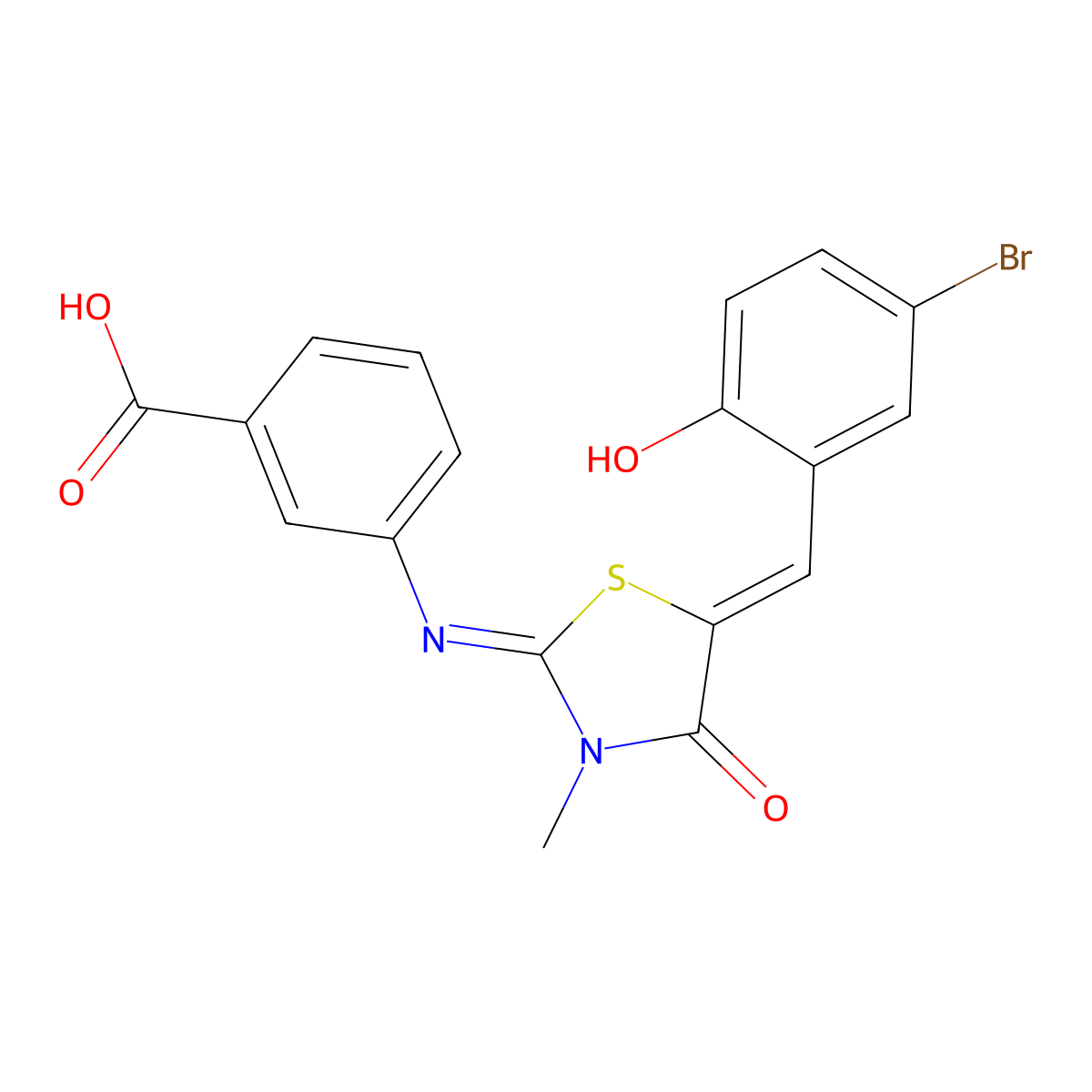 3-((5-(5-Bromo-2-hydroxybenzylidene)-3-methyl-4-oxothiazolidin-2-ylidene)amino)benzoic acid molecular structure, CAS 443877-67-6