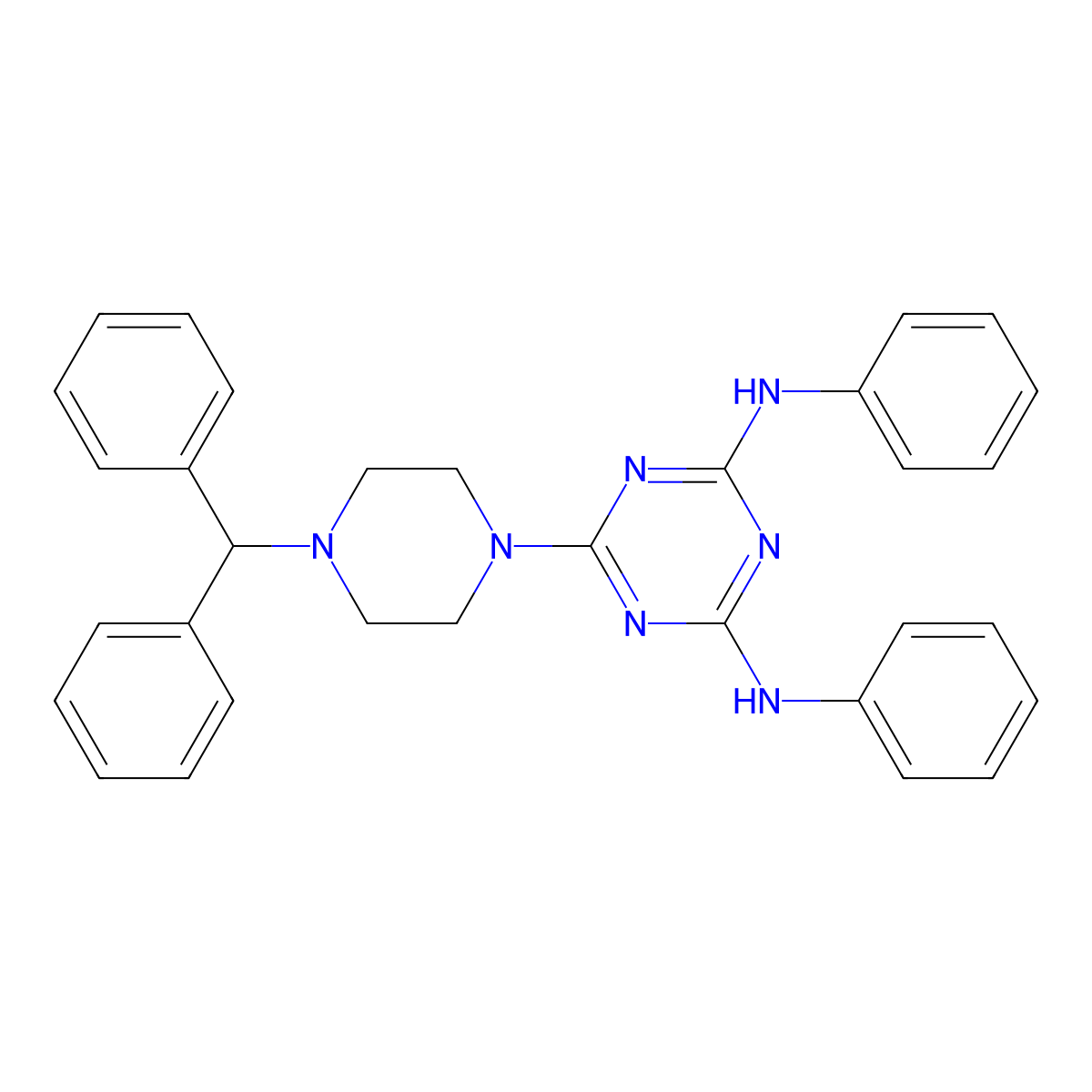 6-[4-(diphenylmethyl)piperazin-1-yl]-N,N'-diphenyl-1,3,5-triazine-2,4-diamine molecular structure, CAS 443895-46-3