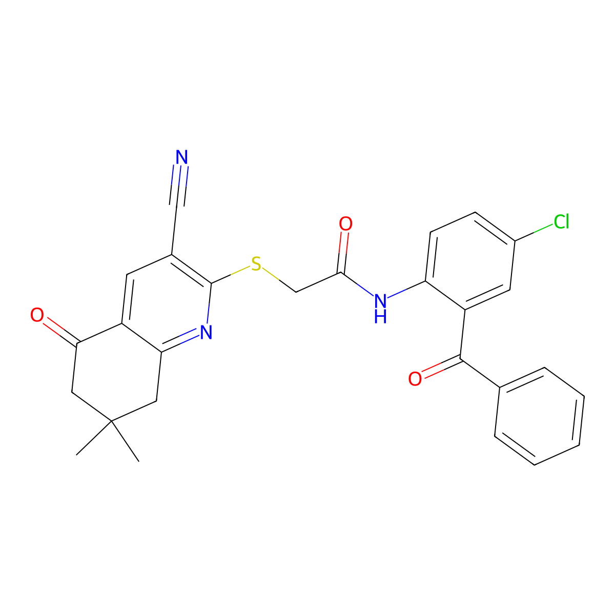 N-[4-chloro-2-(phenylcarbonyl)phenyl]-2-[(3-cyano-7,7-dimethyl-5-oxo-5,6,7,8-tetrahydroquinolin-2-yl)sulfanyl]acetamide molecular structure, CAS 443905-56-4
