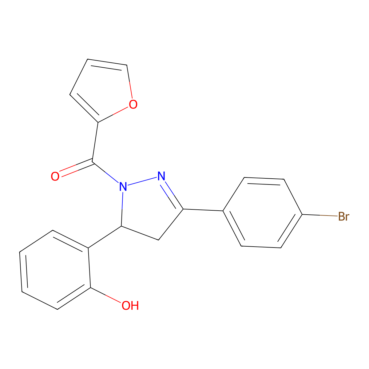(3-(4-bromophenyl)-5-(2-hydroxyphenyl)-4,5-dihydro-1H-pyrazol-1-yl)(furan-2-yl)methanone molecular structure, CAS 443909-46-4