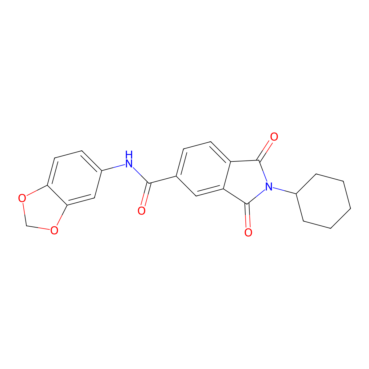 N-(1,3-benzodioxol-5-yl)-2-cyclohexyl-1,3-dioxoisoindole-5-carboxamide molecular structure, CAS 443910-78-9