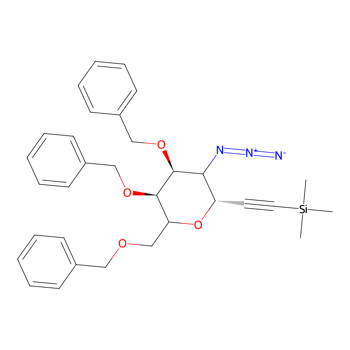 2-[(2S,4S,5S)-3-azido-4,5-bis(phenylmethoxy)-6-(phenylmethoxymethyl)oxan-2-yl]ethynyl-trimethylsilane molecular structure, CAS 443916-28-7