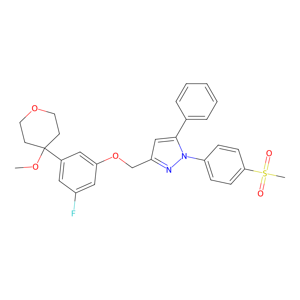 3-((3-fluoro-5-(4-methoxytetrahydro-2H-pyran-4-yl)phenoxy)methyl)-1-(4-(methylsulfonyl)phenyl)-5-phenyl-1H-pyrazole molecular structure, CAS 443919-96-8