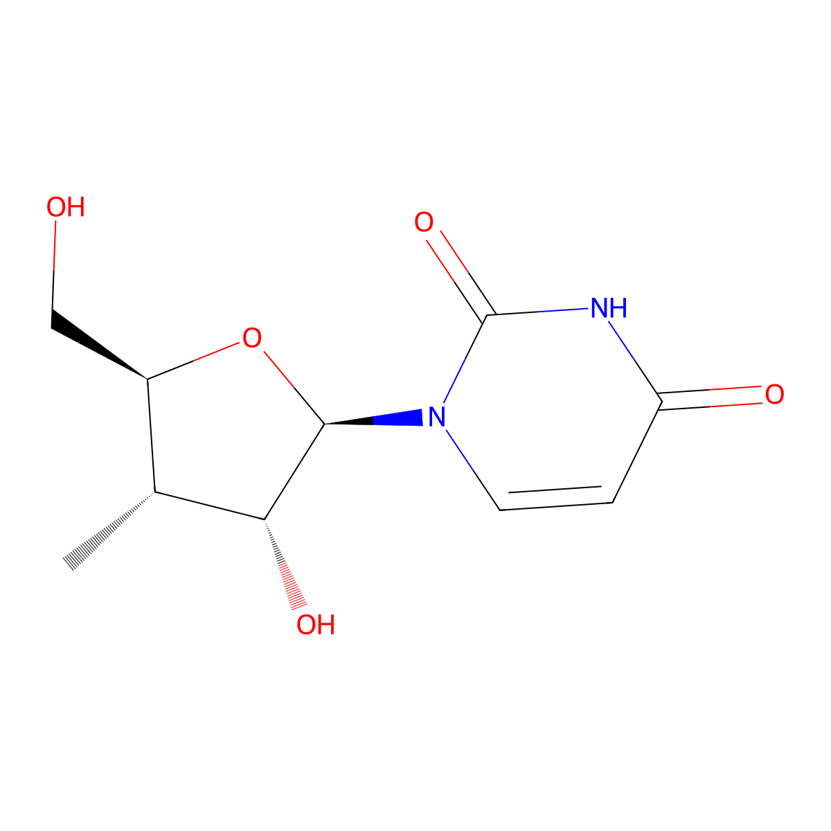 1-((2R,3R,4S,5S)-3-Hydroxy-5-(hydroxymethyl)-4-methyltetrahydrofuran-2-yl)pyrimidine-2,4(1H,3H)-dione molecular structure, CAS 444020-64-8