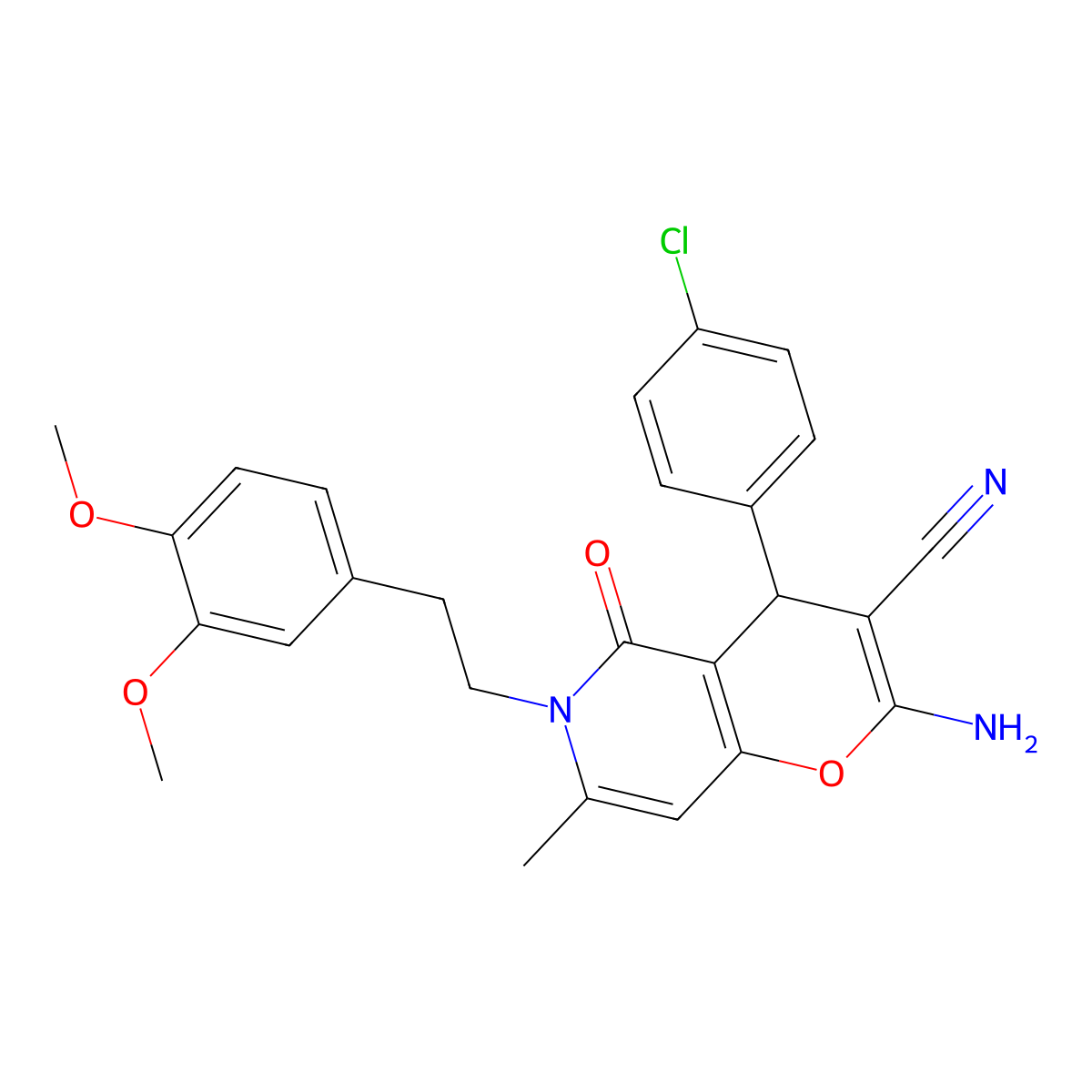 2-amino-4-(4-chlorophenyl)-6-(3,4-dimethoxyphenethyl)-7-methyl-5-oxo-5,6-dihydro-4H-pyrano[3,2-c]pyridine-3-carbonitrile molecular structure, CAS 444059-99-8