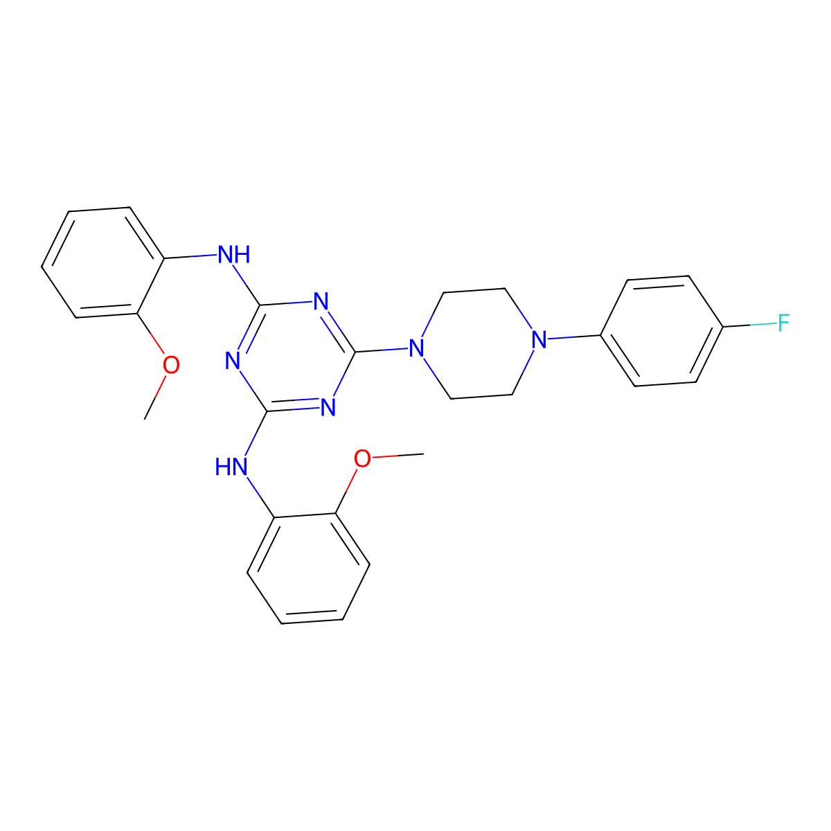 6-[4-(4-fluorophenyl)piperazin-1-yl]-N,N'-bis(2-methoxyphenyl)-1,3,5-triazine-2,4-diamine molecular structure, CAS 444068-59-1