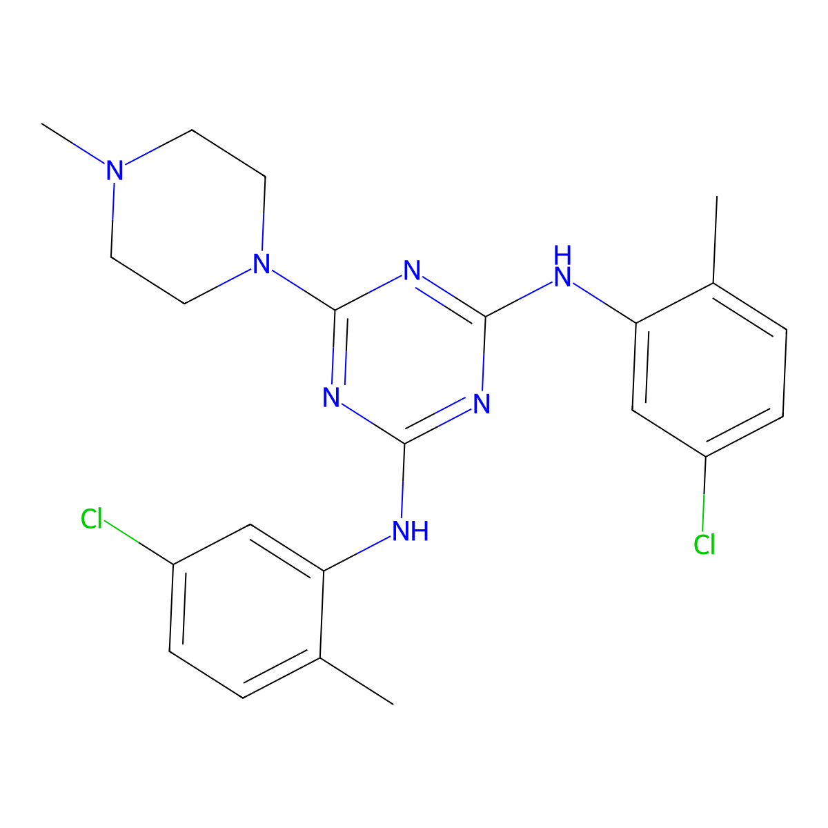 N,N'-bis(5-chloro-2-methylphenyl)-6-(4-methylpiperazin-1-yl)-1,3,5-triazine-2,4-diamine molecular structure, CAS 444068-60-4