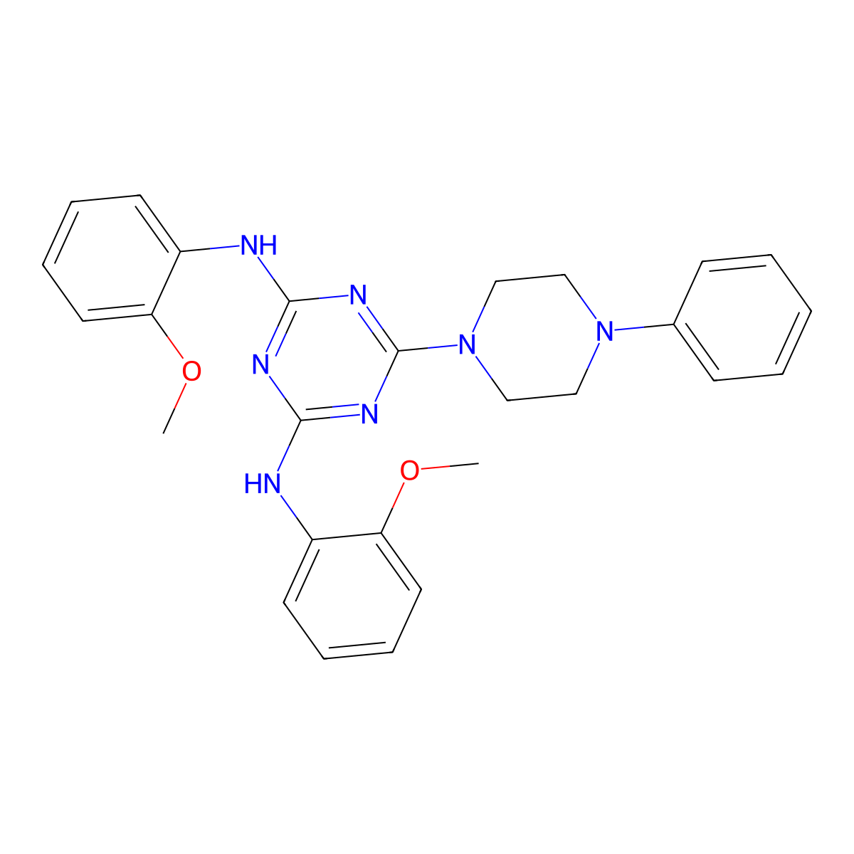 N,N'-bis(2-methoxyphenyl)-6-(4-phenylpiperazin-1-yl)-1,3,5-triazine-2,4-diamine molecular structure, CAS 444076-60-2