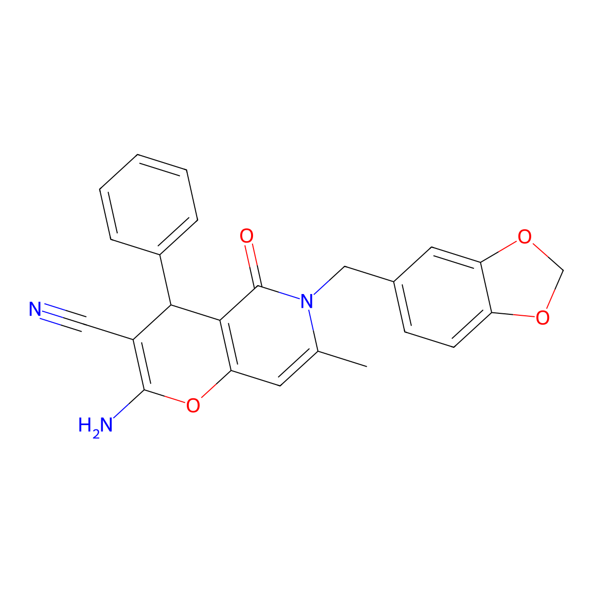 2-amino-6-(benzo[d][1,3]dioxol-5-ylmethyl)-7-methyl-5-oxo-4-phenyl-5,6-dihydro-4H-pyrano[3,2-c]pyridine-3-carbonitrile molecular structure, CAS 444077-21-8