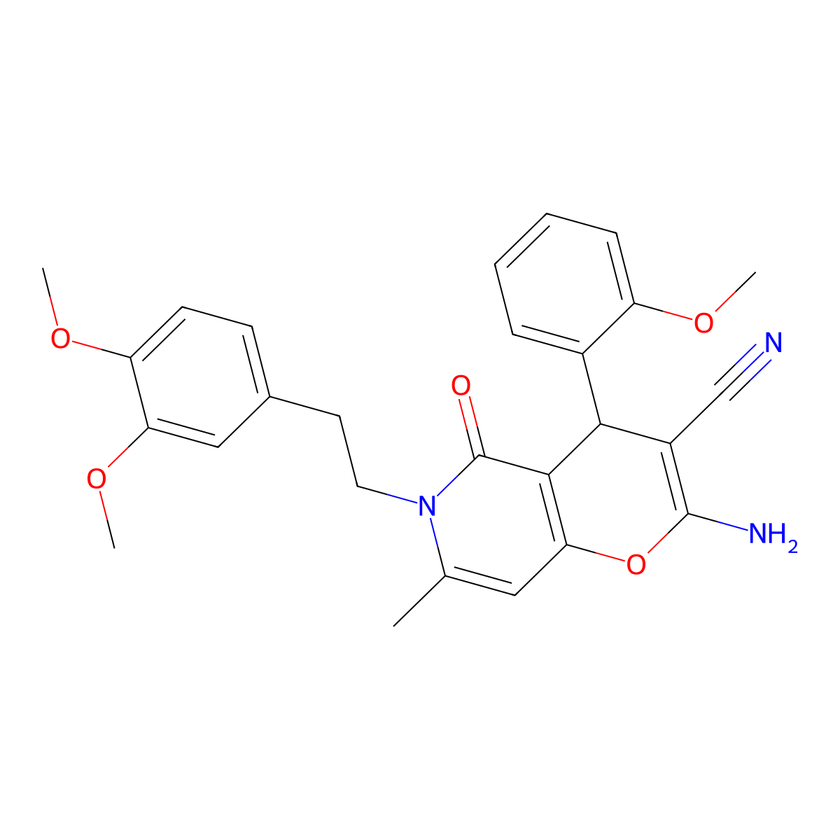 2-amino-6-(3,4-dimethoxyphenethyl)-4-(2-methoxyphenyl)-7-methyl-5-oxo-5,6-dihydro-4H-pyrano[3,2-c]pyridine-3-carbonitrile molecular structure, CAS 444078-86-8