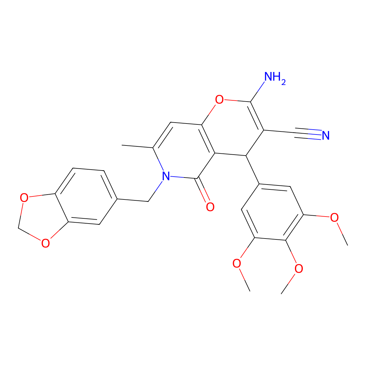 2-amino-6-(1,3-benzodioxol-5-ylmethyl)-7-methyl-5-oxo-4-(3,4,5-trimethoxyphenyl)-5,6-dihydro-4H-pyrano[3,2-c]pyridine-3-carbonitrile molecular structure, CAS 444079-68-9