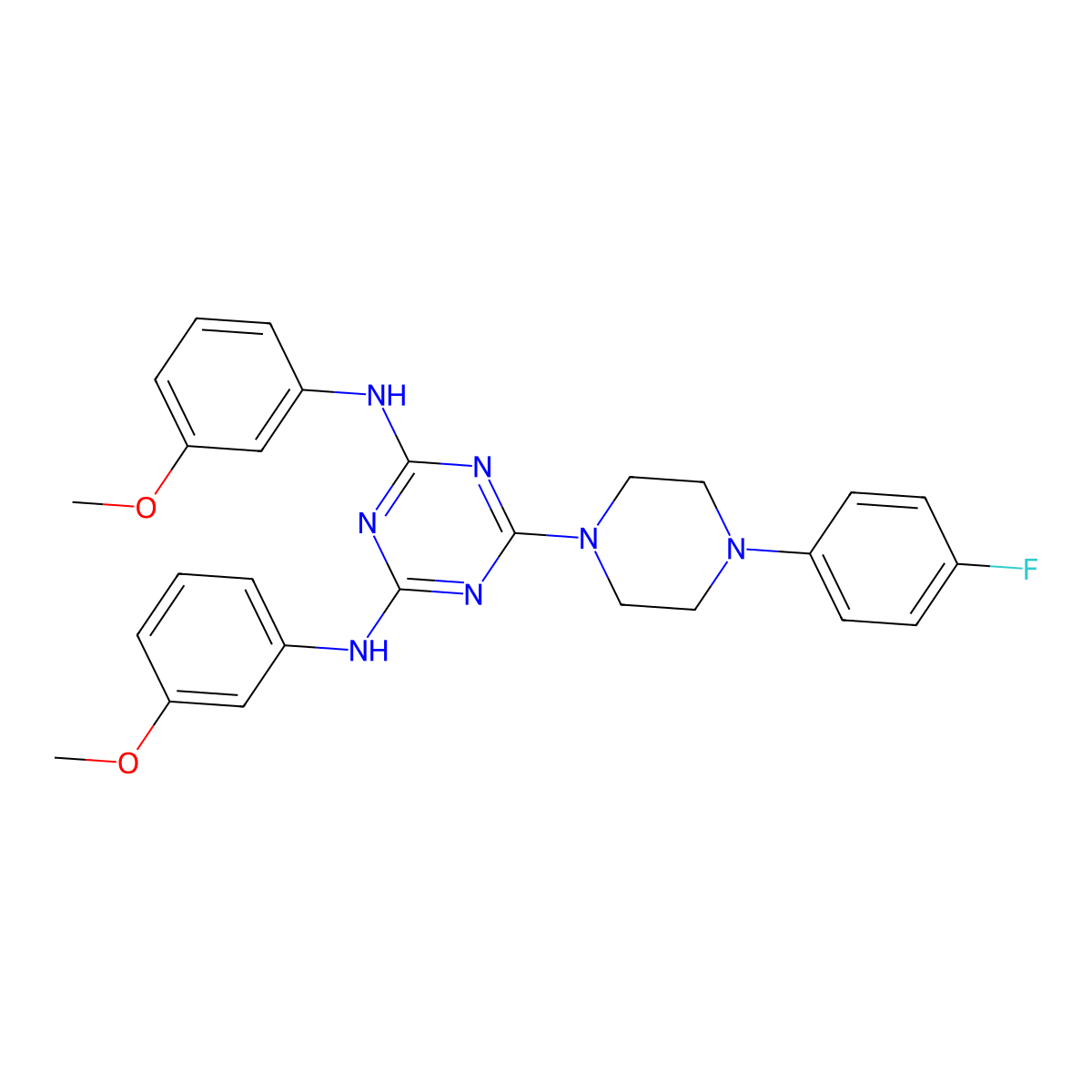 6-[4-(4-fluorophenyl)piperazin-1-yl]-N,N'-bis(3-methoxyphenyl)-1,3,5-triazine-2,4-diamine molecular structure, CAS 444081-91-8