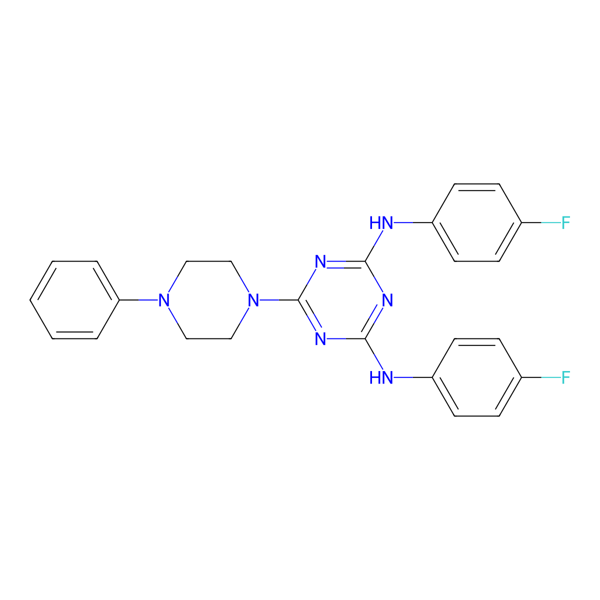N,N'-bis(4-fluorophenyl)-6-(4-phenylpiperazin-1-yl)-1,3,5-triazine-2,4-diamine molecular structure, CAS 444111-97-1