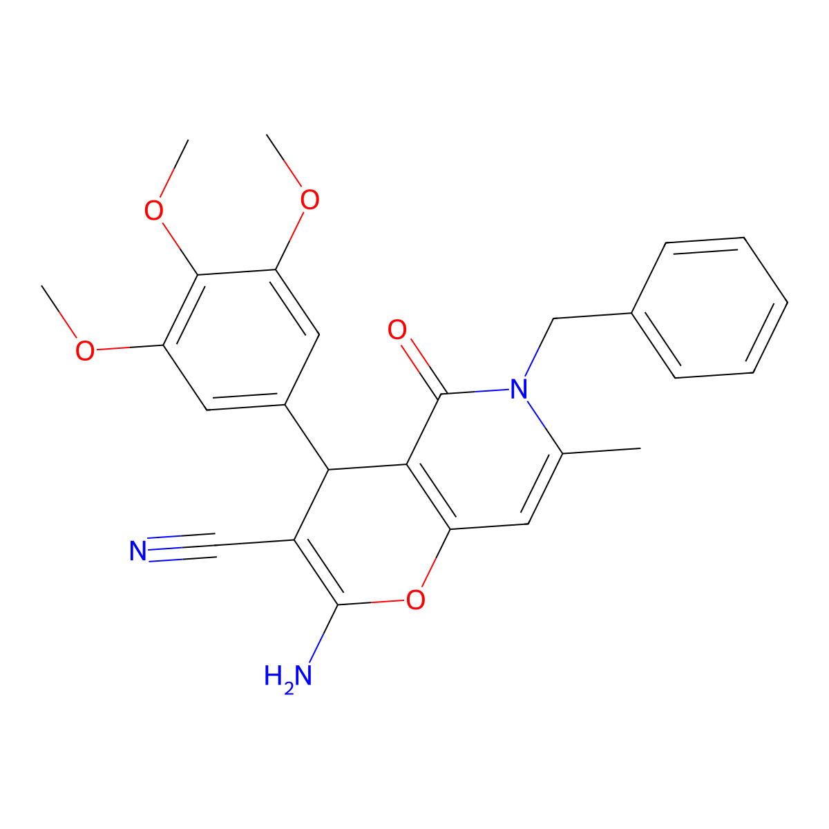 2-amino-6-benzyl-7-methyl-5-oxo-4-(3,4,5-trimethoxyphenyl)-5,6-dihydro-4H-pyrano[3,2-c]pyridine-3-carbonitrile molecular structure, CAS 444113-66-0