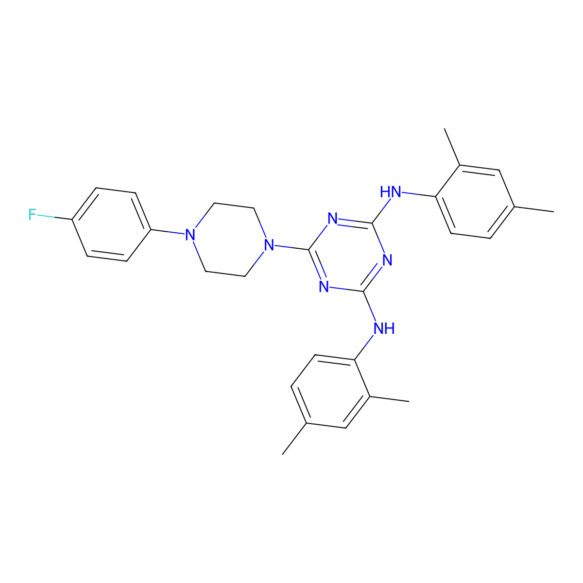 N,N'-bis(2,4-dimethylphenyl)-6-[4-(4-fluorophenyl)piperazin-1-yl]-1,3,5-triazine-2,4-diamine molecular structure, CAS 444114-76-5
