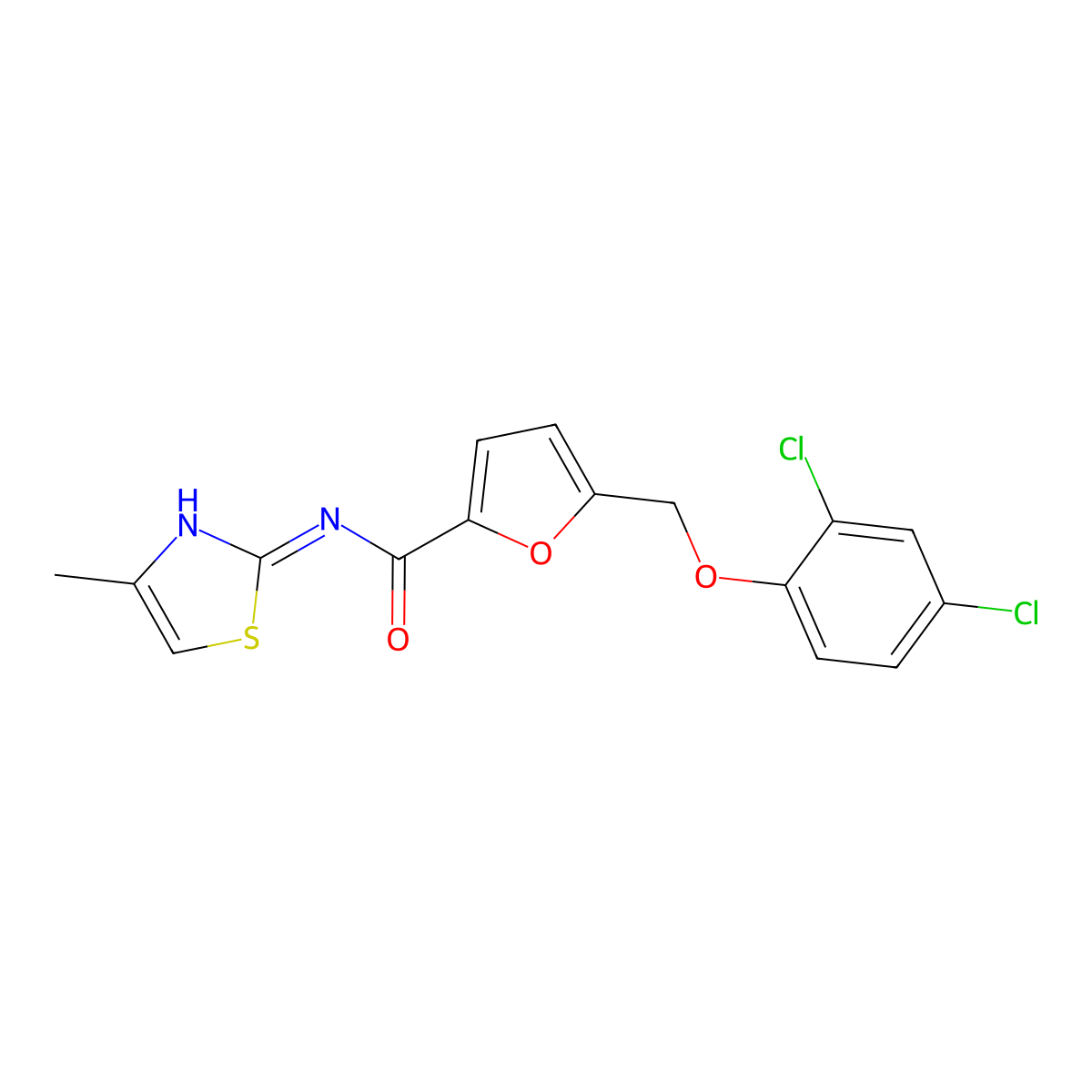 5-((2,4-Dichlorophenoxy)methyl)-N-(4-methylthiazol-2-yl)furan-2-carboxamide molecular structure, CAS 444114-90-3