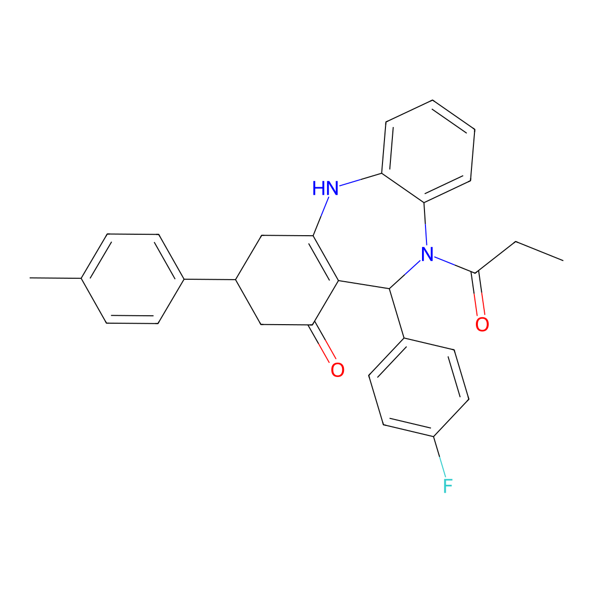 11-(4-fluorophenyl)-3-(4-methylphenyl)-10-propanoyl-2,3,4,5,10,11-hexahydro-1H-dibenzo[b,e][1,4]diazepin-1-one molecular structure, CAS 444145-56-6