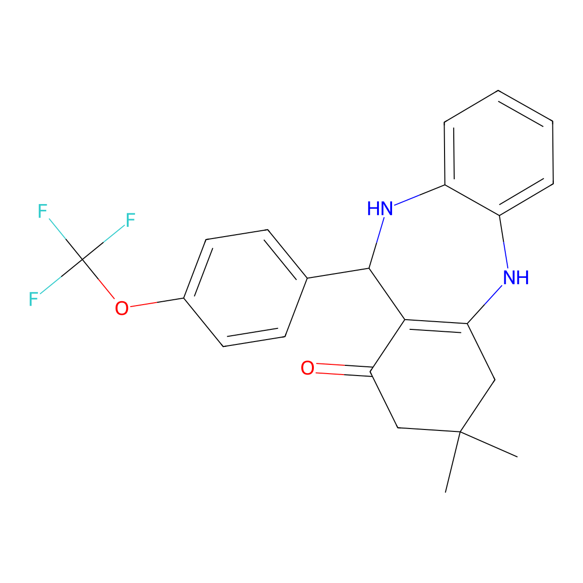 9,9-dimethyl-6-[4-(trifluoromethoxy)phenyl]-6,8,10,11-tetrahydro-5H-benzo[b][1,4]benzodiazepin-7-one molecular structure, CAS 444151-02-4
