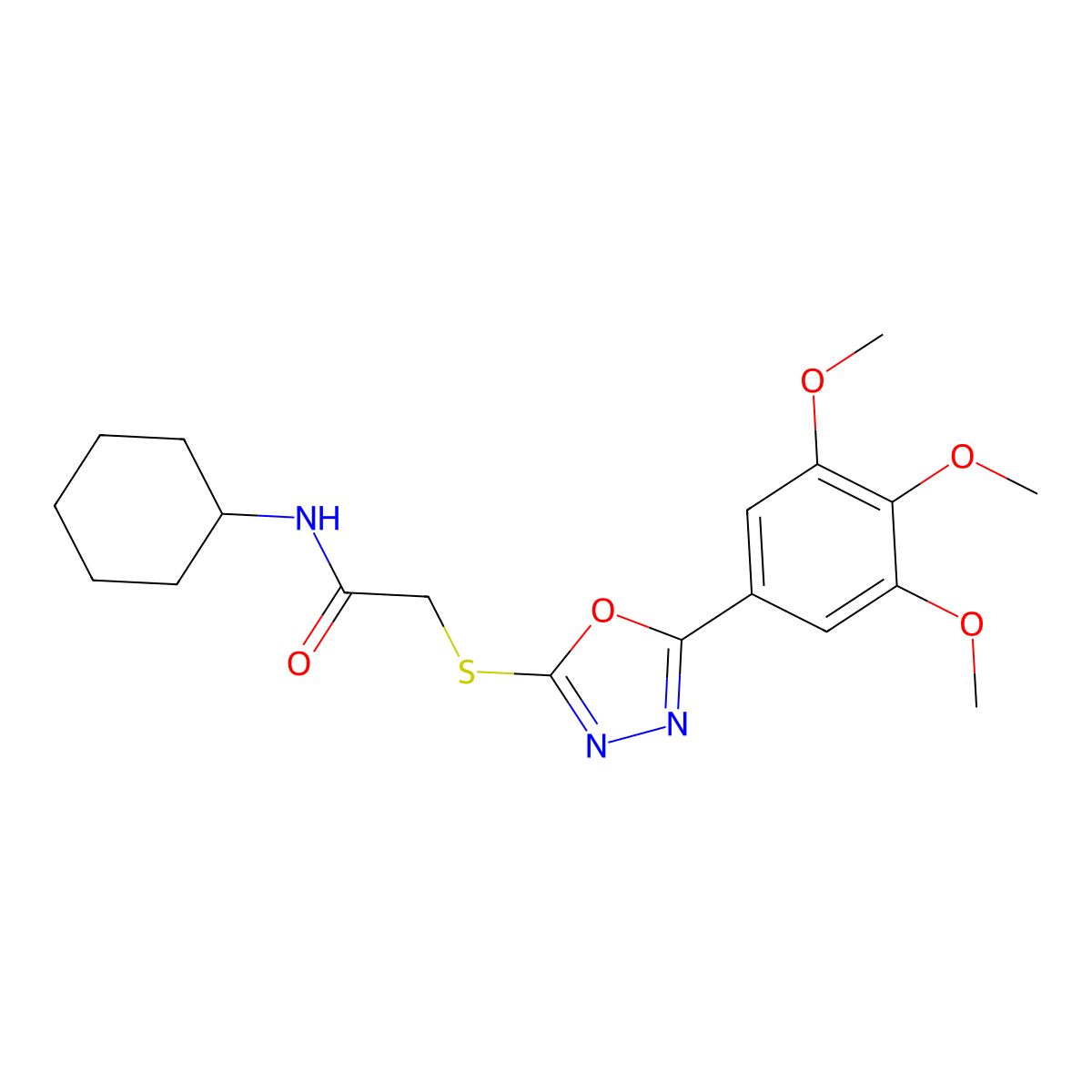 N-cyclohexyl-2-{[5-(3,4,5-trimethoxyphenyl)-1,3,4-oxadiazol-2-yl]sulfanyl}acetamide molecular structure, CAS 444151-45-5