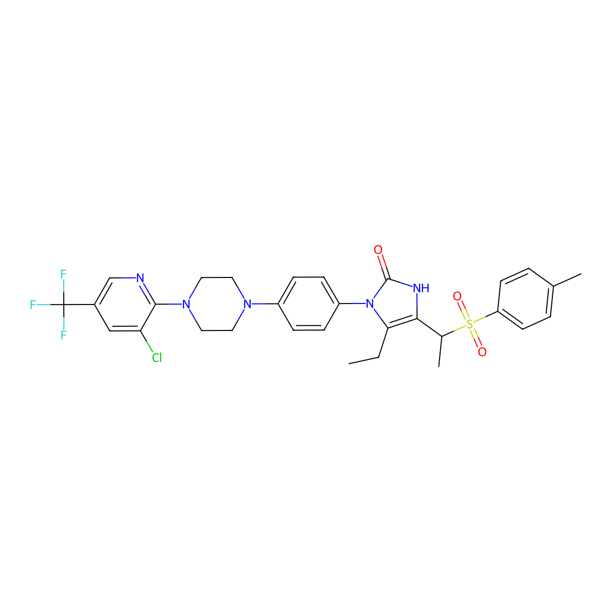 1-(4-{4-[3-chloro-5-(trifluoromethyl)-2-pyridinyl]piperazino}phenyl)-5-ethyl-4-{1-[(4-methylphenyl)sulfonyl]ethyl}-1,3-dihydro-2H-imidazol-2-one molecular structure, CAS 444151-75-1
