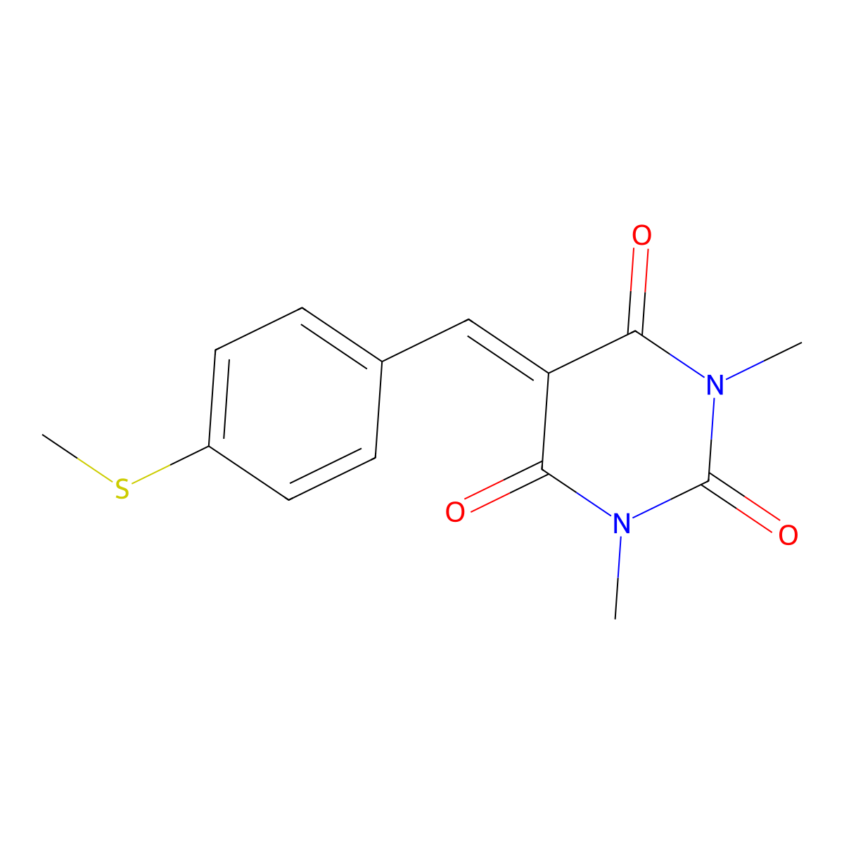 1,3-dimethyl-5-{[4-(methylsulfanyl)phenyl]methylene}-2,4,6(1H,3H,5H)-pyrimidinetrione molecular structure, CAS 444151-79-5
