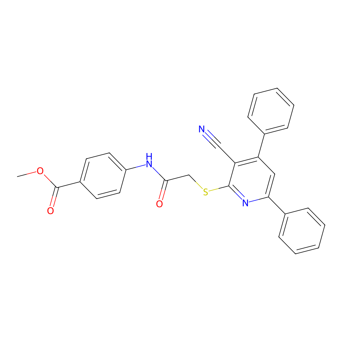 Methyl 4-(2-((3-cyano-4,6-diphenylpyridin-2-yl)thio)acetamido)benzoate molecular structure, CAS 444151-98-8