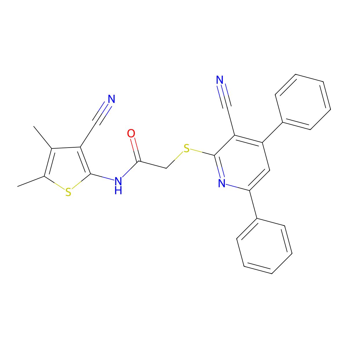 N-(3-Cyano-4,5-dimethylthiophen-2-yl)-2-((3-cyano-4,6-diphenylpyridin-2-yl)thio)acetamide molecular structure, CAS 444152-01-6