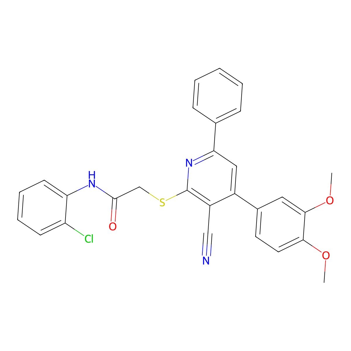 N-(2-Chlorophenyl)-2-((3-cyano-4-(3,4-dimethoxyphenyl)-6-phenylpyridin-2-yl)thio)acetamide molecular structure, CAS 444152-27-6