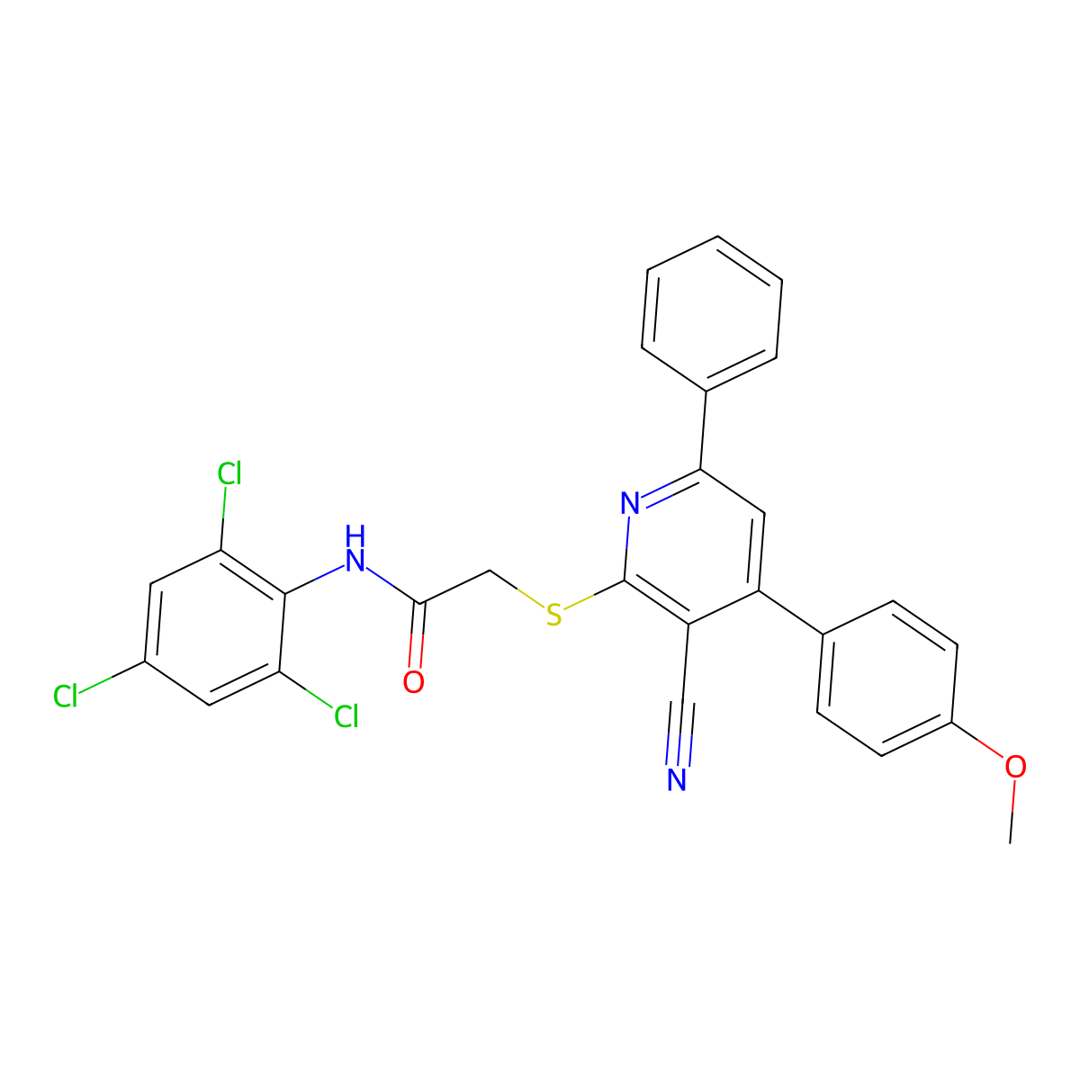2-((3-Cyano-4-(4-methoxyphenyl)-6-phenylpyridin-2-yl)thio)-N-(2,4,6-trichlorophenyl)acetamide molecular structure, CAS 444152-40-3