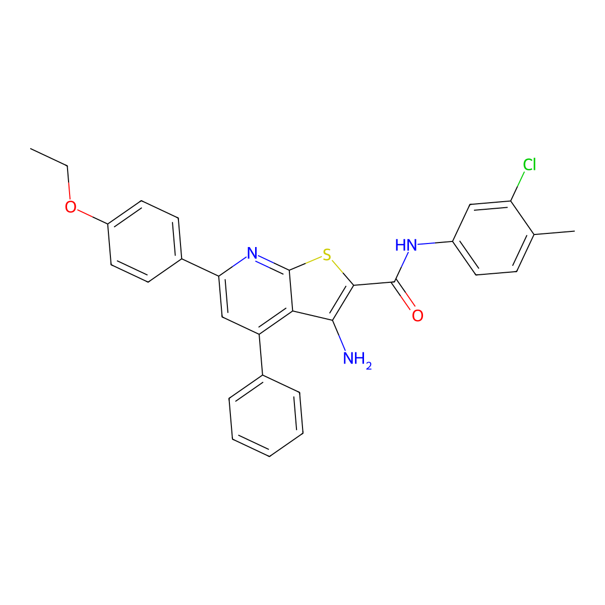 3-amino-N-(3-chloro-4-methylphenyl)-6-(4-ethoxyphenyl)-4-phenylthieno[2,3-b]pyridine-2-carboxamide molecular structure, CAS 444152-85-6