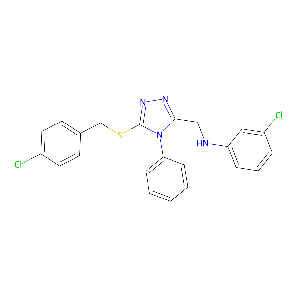 3-Chloro-N-((5-((4-chlorobenzyl)thio)-4-phenyl-4H-1,2,4-triazol-3-yl)methyl)aniline molecular structure, CAS 444153-07-5