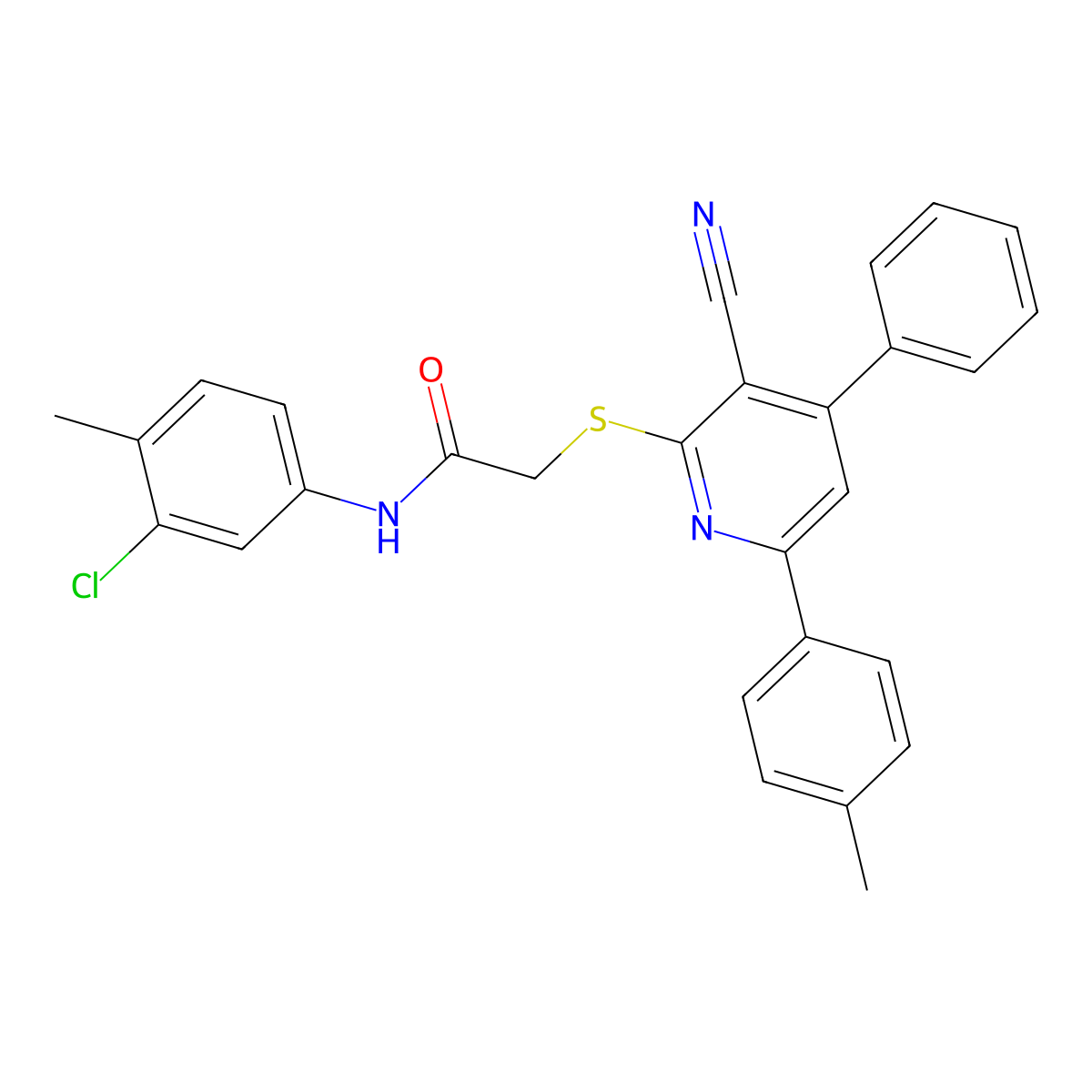 N-(3-Chloro-4-methylphenyl)-2-((3-cyano-4-phenyl-6-(p-tolyl)pyridin-2-yl)thio)acetamide molecular structure, CAS 444153-50-8