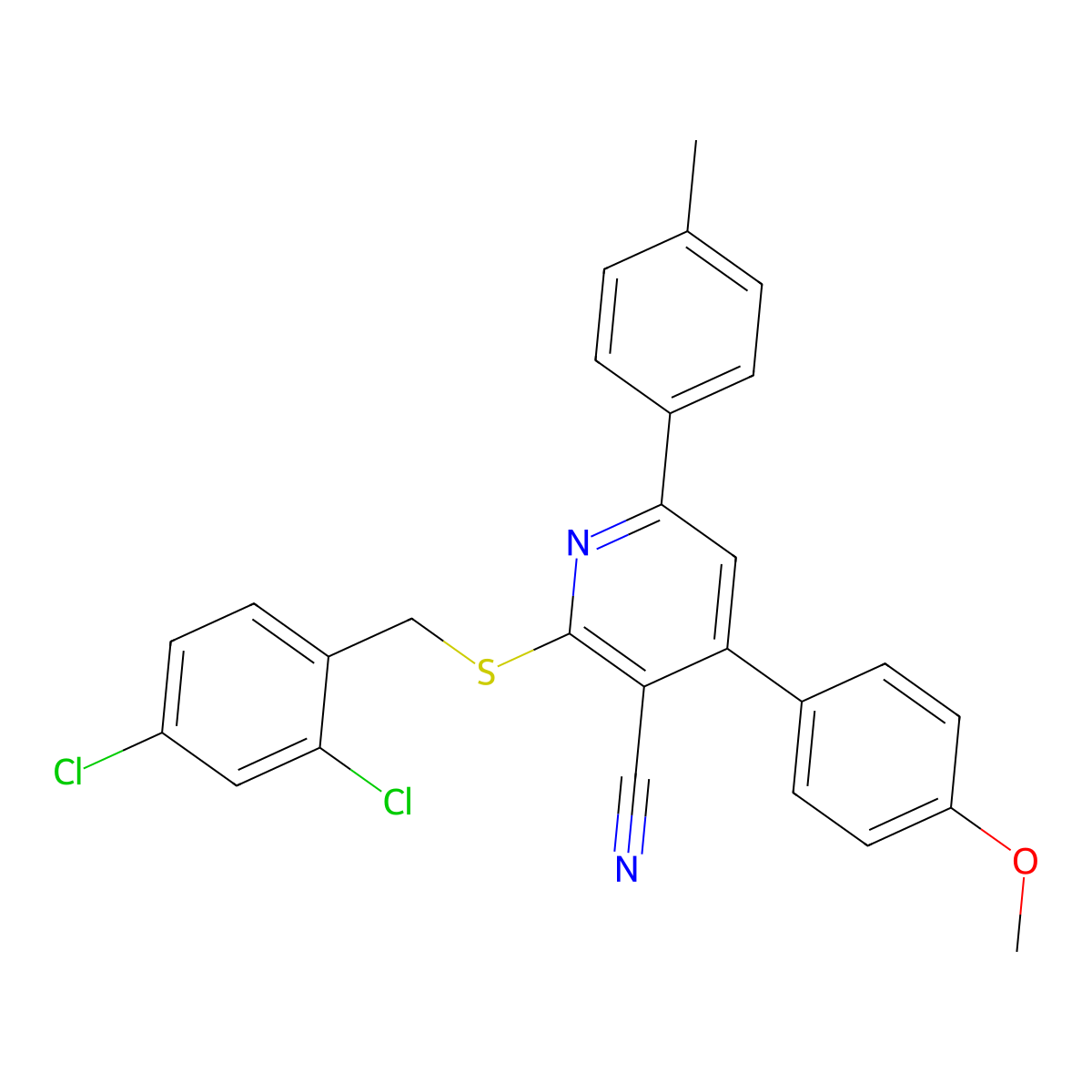 2-((2,4-Dichlorobenzyl)thio)-4-(4-methoxyphenyl)-6-(p-tolyl)nicotinonitrile molecular structure, CAS 444153-66-6