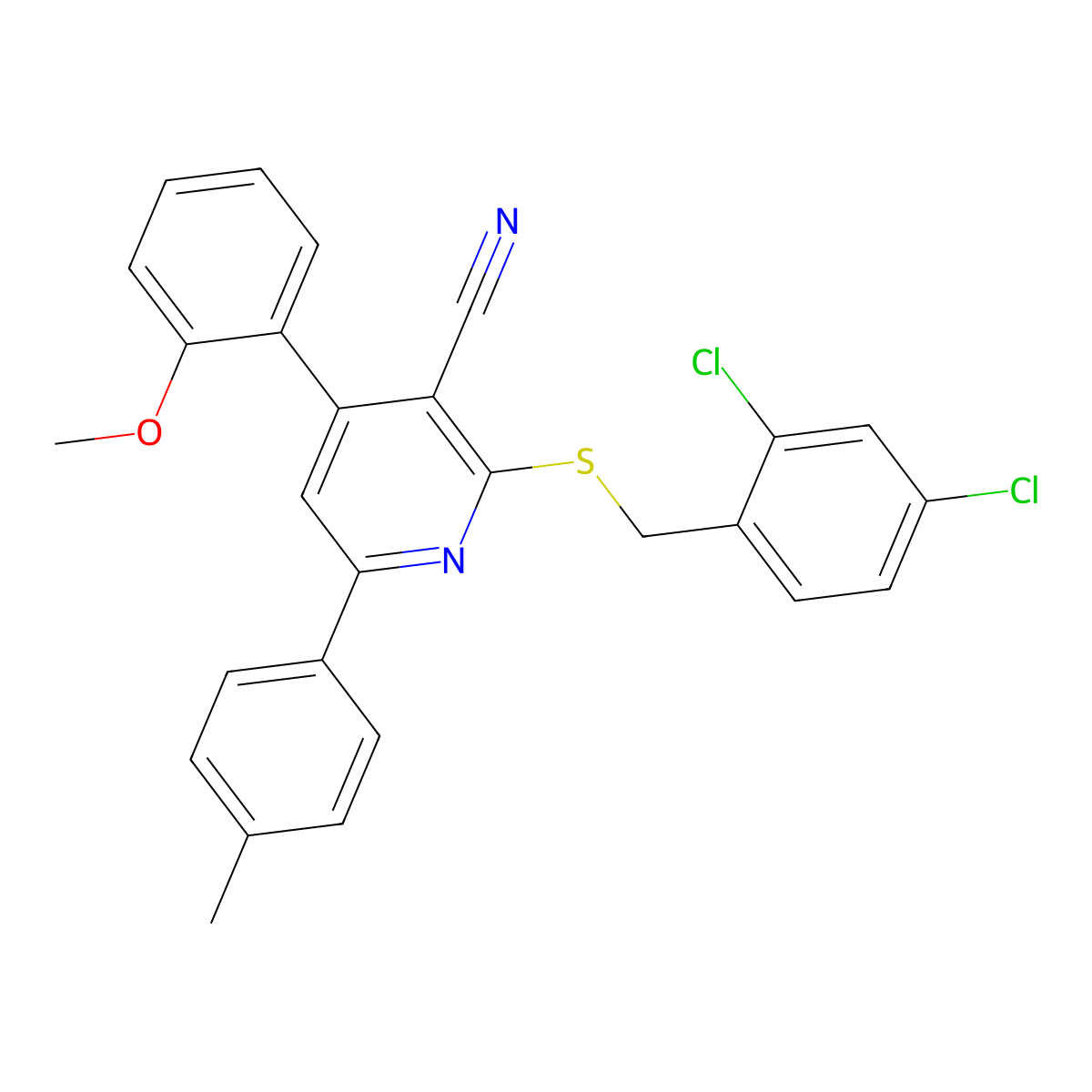2-((2,4-Dichlorobenzyl)thio)-4-(2-methoxyphenyl)-6-(p-tolyl)nicotinonitrile molecular structure, CAS 444153-69-9