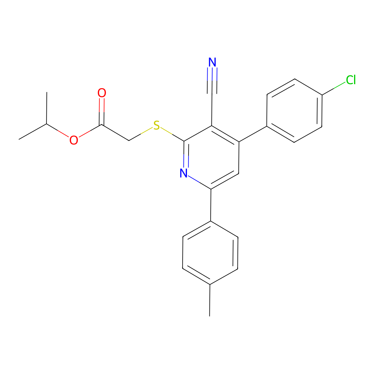 Isopropyl 2-((4-(4-chlorophenyl)-3-cyano-6-(p-tolyl)pyridin-2-yl)thio)acetate molecular structure, CAS 444153-80-4