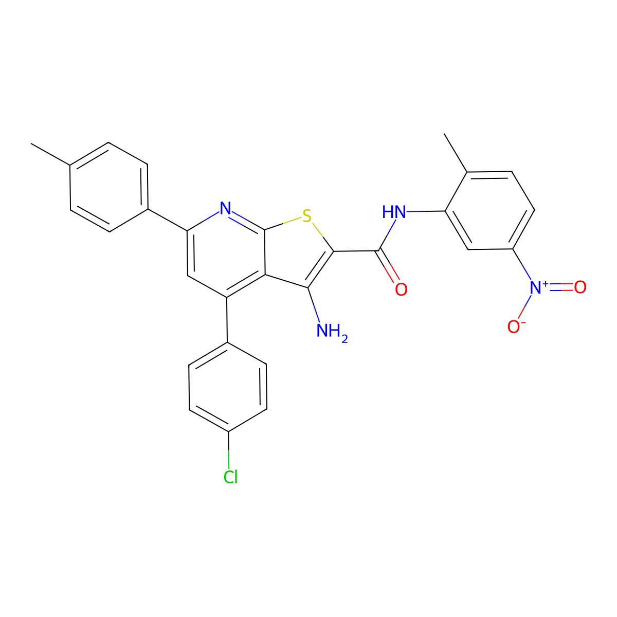 3-Amino-4-(4-chlorophenyl)-N-(2-methyl-5-nitrophenyl)-6-(p-tolyl)thieno[2,3-b]pyridine-2-carboxamide molecular structure, CAS 444154-10-3