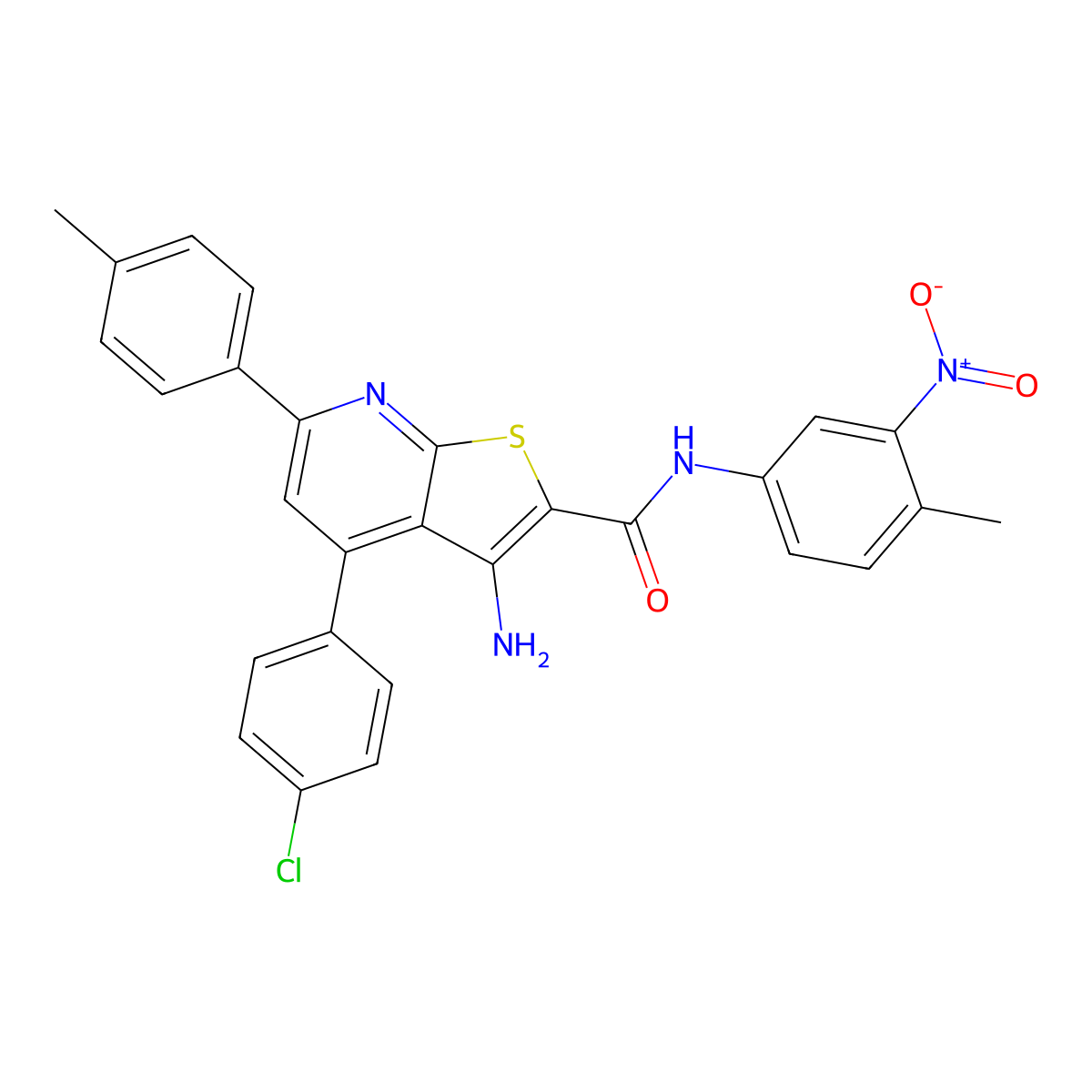 3-Amino-4-(4-chlorophenyl)-N-(4-methyl-3-nitrophenyl)-6-(p-tolyl)thieno[2,3-b]pyridine-2-carboxamide molecular structure, CAS 444154-12-5