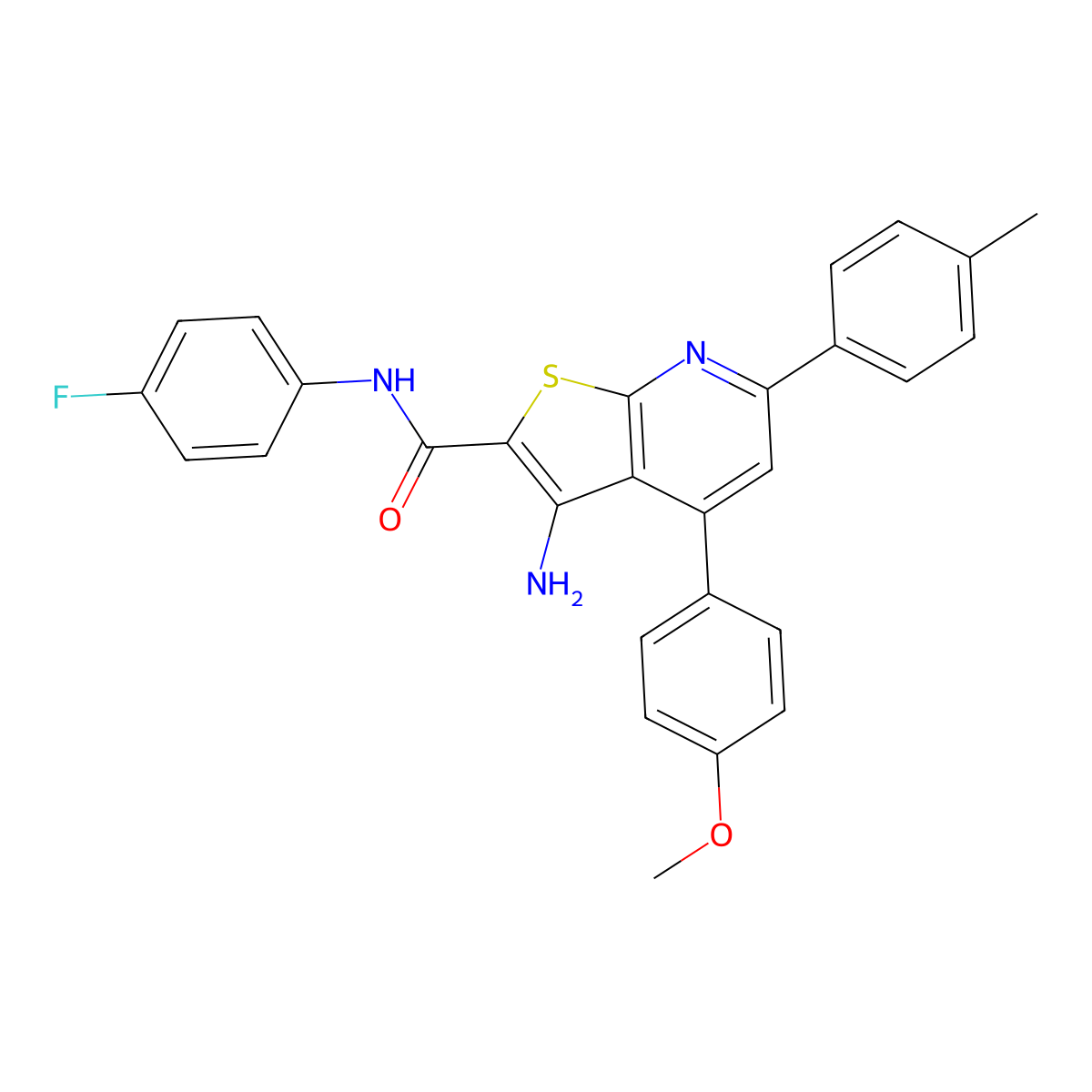 3-amino-N-(4-fluorophenyl)-4-(4-methoxyphenyl)-6-(4-methylphenyl)thieno[2,3-b]pyridine-2-carboxamide molecular structure, CAS 444155-44-6