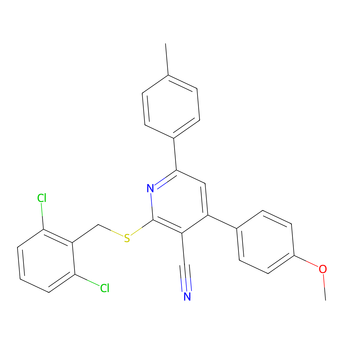2-((2,6-Dichlorobenzyl)thio)-4-(4-methoxyphenyl)-6-(p-tolyl)nicotinonitrile molecular structure, CAS 444155-65-1