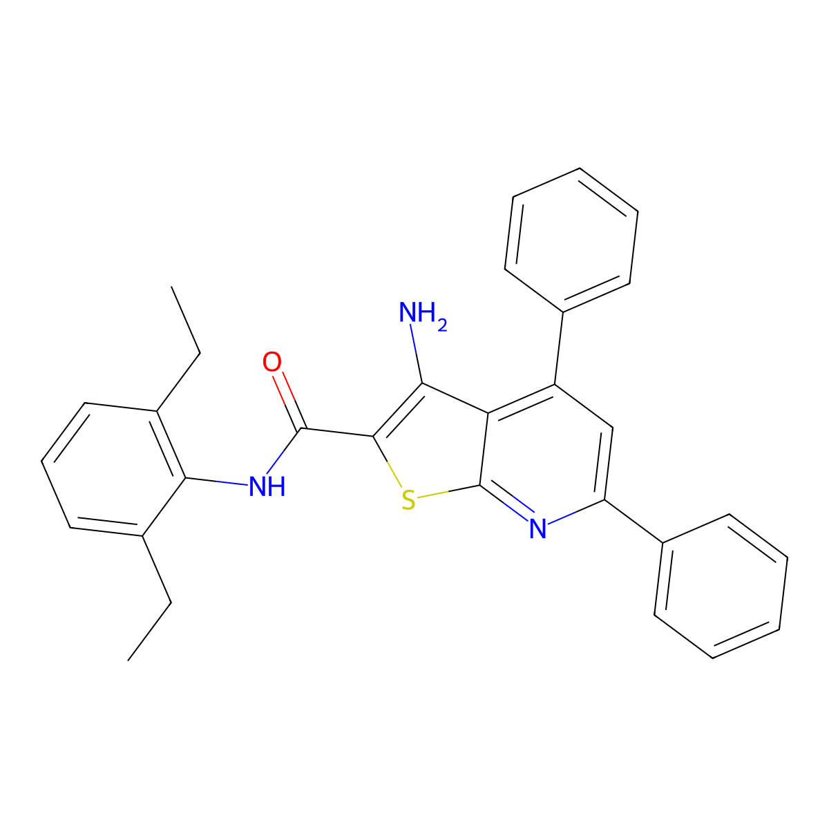 3-amino-N-(2,6-diethylphenyl)-4,6-diphenylthieno[2,3-b]pyridine-2-carboxamide molecular structure, CAS 444156-71-2